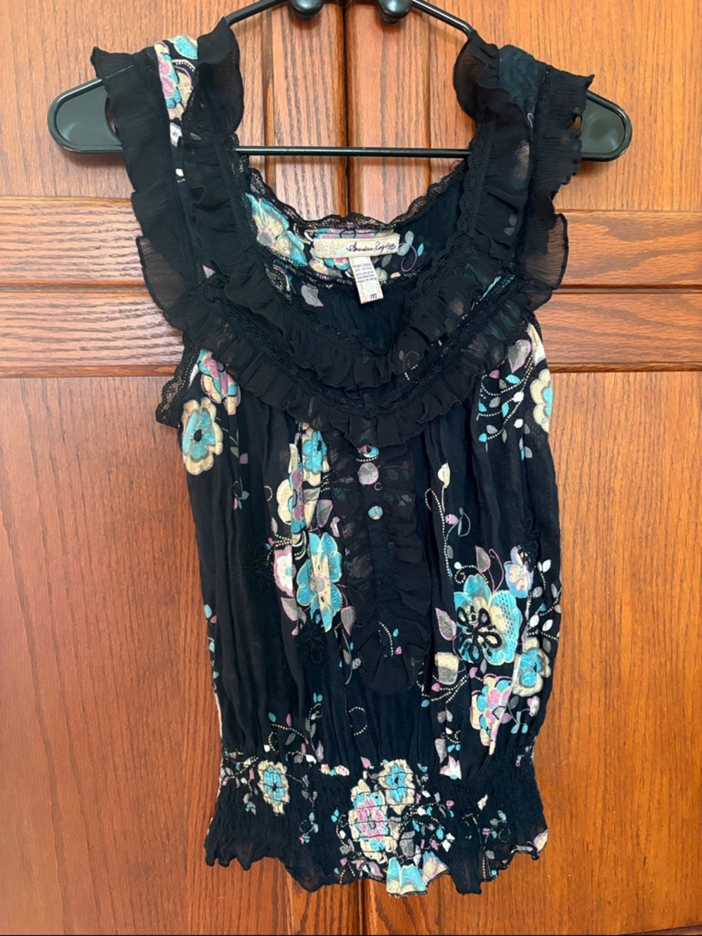 American Rag Black Floral Ruffle Sleeveless Blouse women size S
